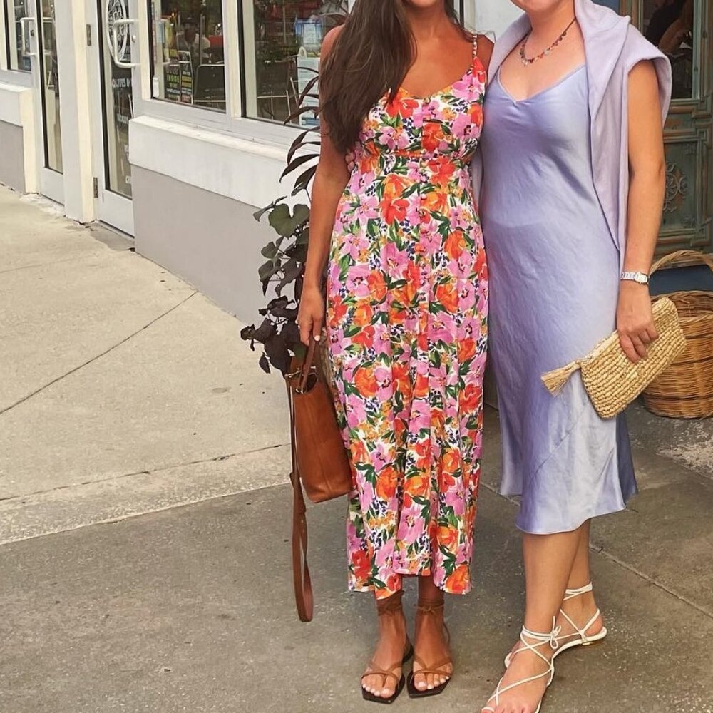 Zara Floral Maxi Dress, Pink and Orange, Floral, Small Buttons